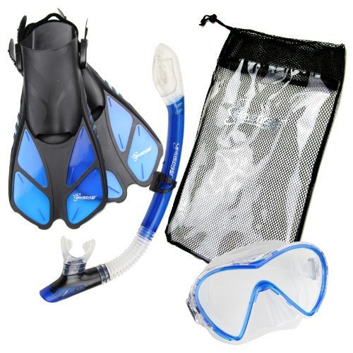 Seavenger Adult Kid Dry Top Snorkel Mask Fins Bag Travel Set Beach Dodger Blue 