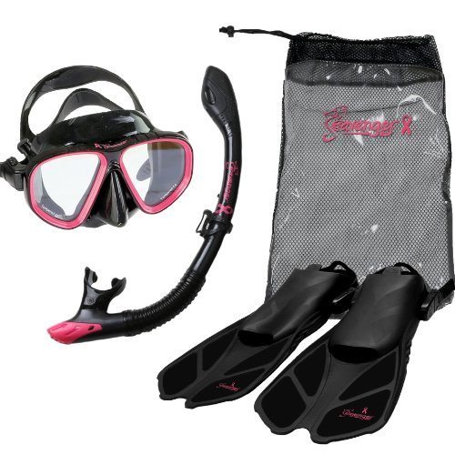 Seavenger Diving Snorkel Set- Dry Top Snorkel / Trek Fin / 2-windows Tempered Glass Mask / Gear bag- Pink Ribbon - Black Silicone - Small/Medium